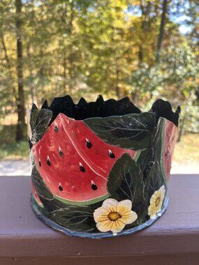 Vintage Charming Metal Folk Art Hand Painted Watermelon Planter